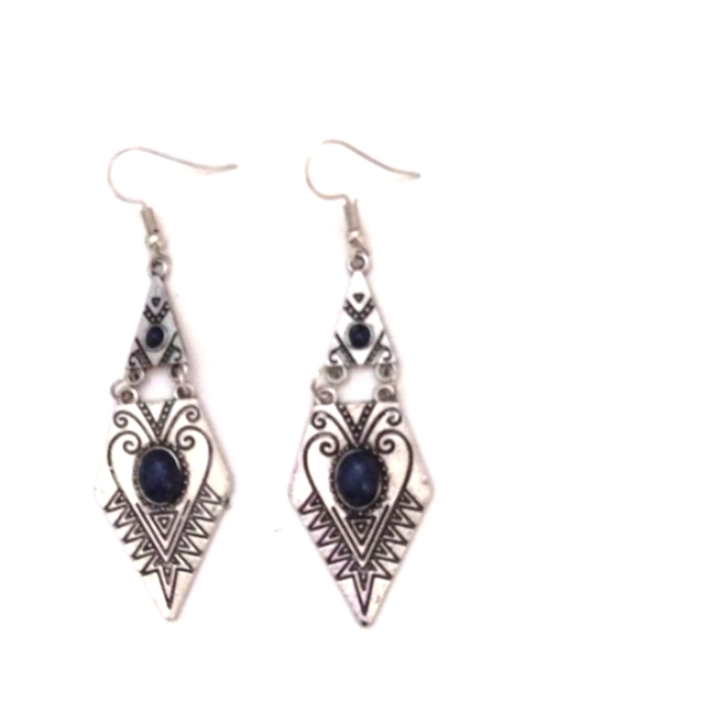 VINTAGE TRIANGULAR GEOMETRIC DROP DANGLE SILVER-TONE & BLUE HOOK 2.8" EARRINGS - Picture 5 of 6